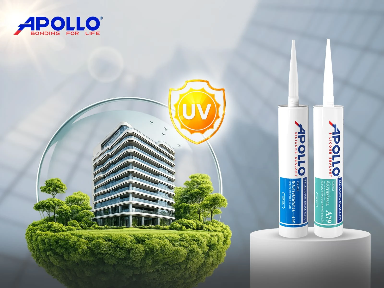 Keo thời tiết của Apollo Silicone nổi bật với khả năng chống chịu khắc nghiệt, không bị ảnh hưởng bởi tia UV, ánh sáng mặt trời và độ ẩm cao